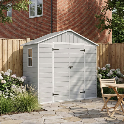 Plastic garden storage shed with apex roof and lockable double doors, 8 x 4 ft, by Garden Sanctuary, shown with open doors and outdoor setting.