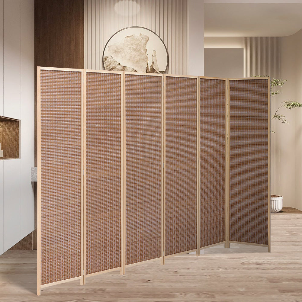 Brown bamboo woven 6-panel folding room divider by Garden Sanctuary, showcasing a stylish, natural bamboo design for interior privacy.