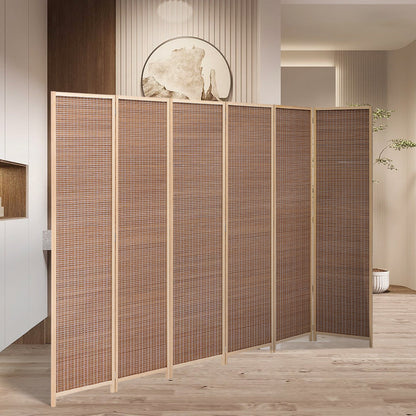 Brown bamboo woven 6-panel folding room divider by Garden Sanctuary, showcasing a stylish, natural bamboo design for interior privacy.