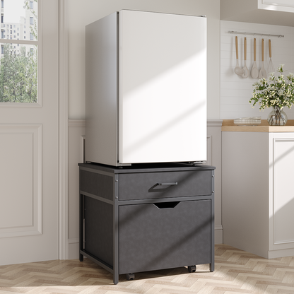 Garden Sanctuary mini fridge stand with storage shelves, sturdy black metal frame and space for organizing kitchen or office appliances.