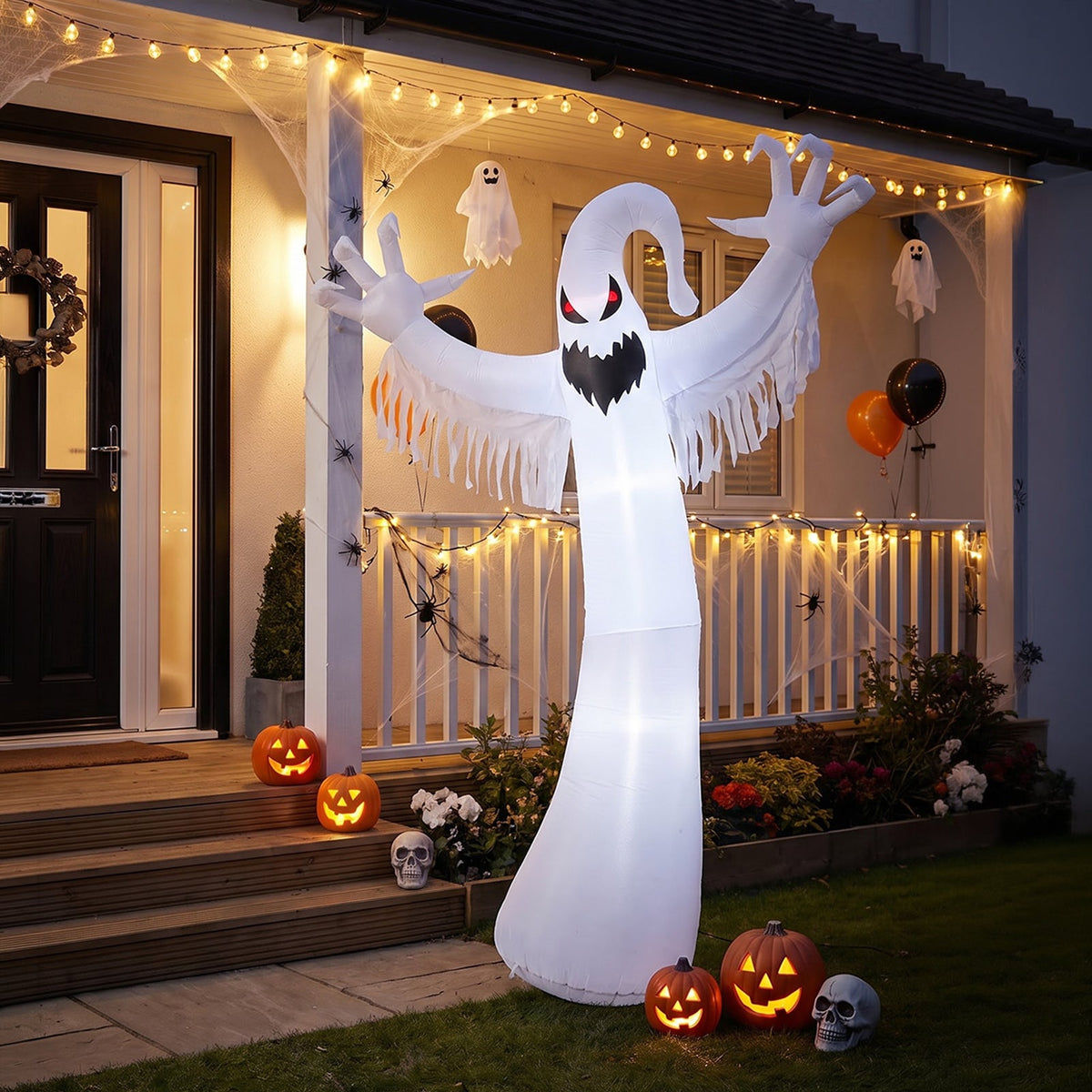 9 ft Halloween inflatable ghost decoration with LED lights by Garden Sanctuary, featuring a spooky ghost with illuminated eyes and fabric details.