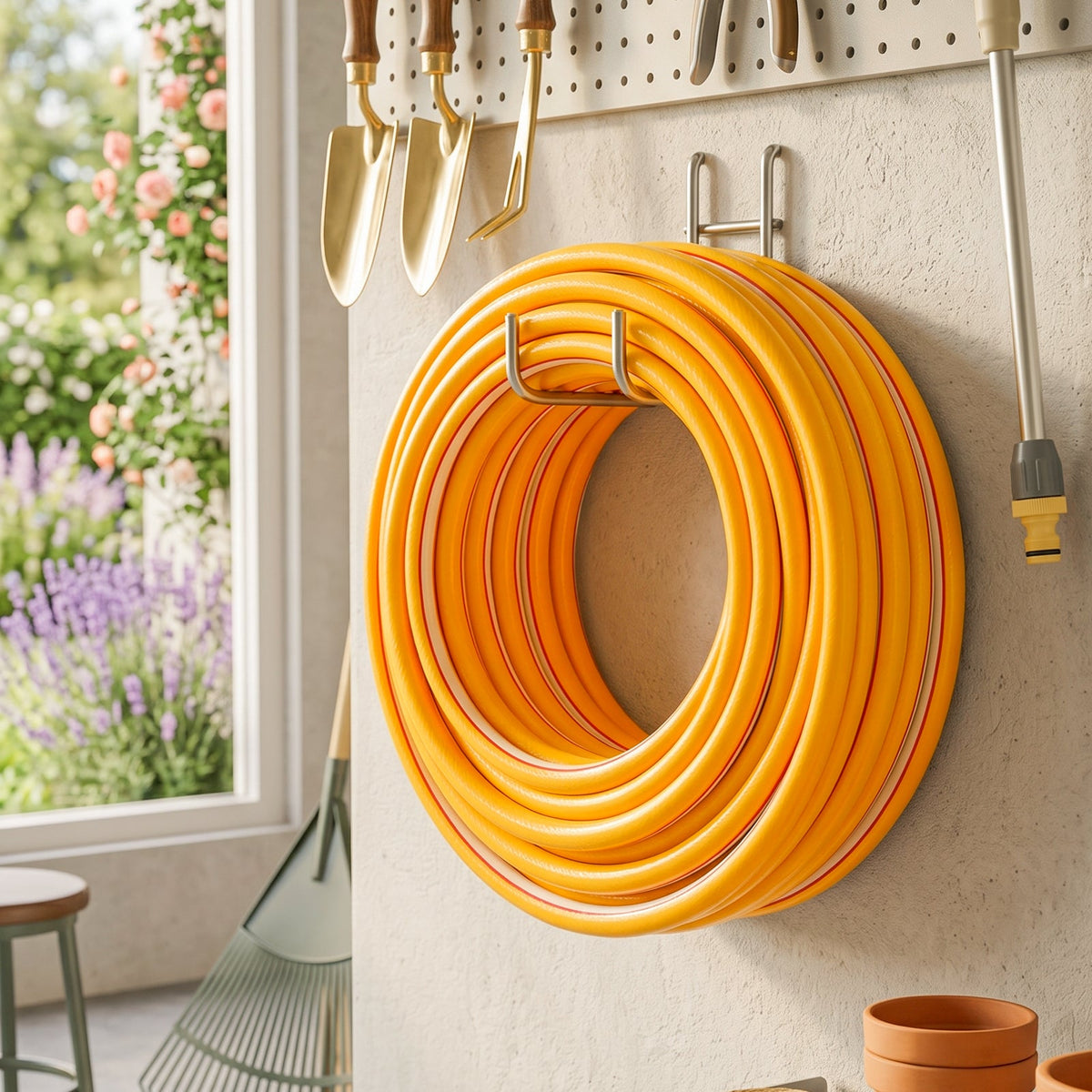 Garden Sanctuary 25/30cm PVC garden hose coiled for outdoor storage, durable and flexible for watering plants and gardens.