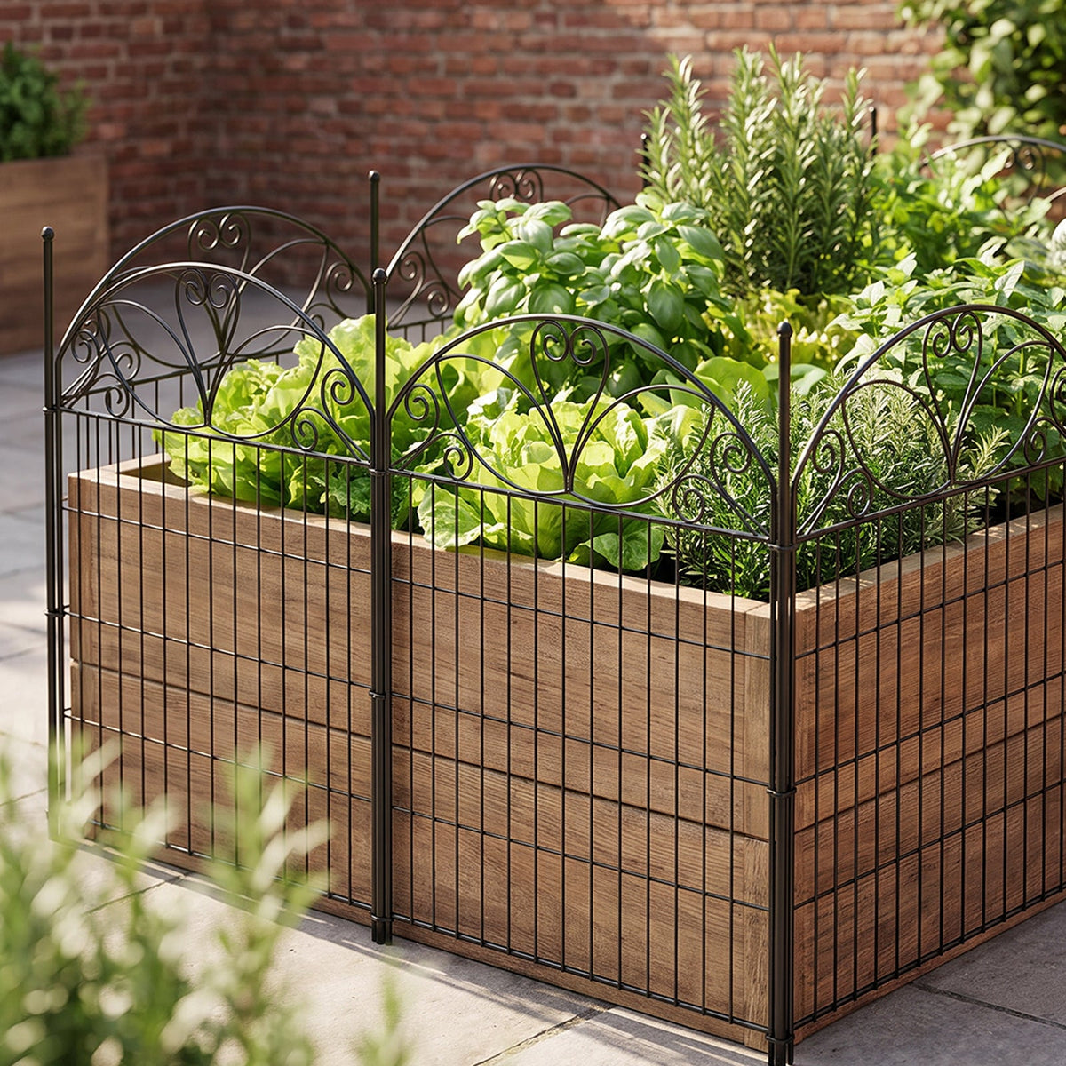 Decorative 10-panel garden fence set by Garden Sanctuary with intricate wooden lattice panels for outdoor landscaping.
