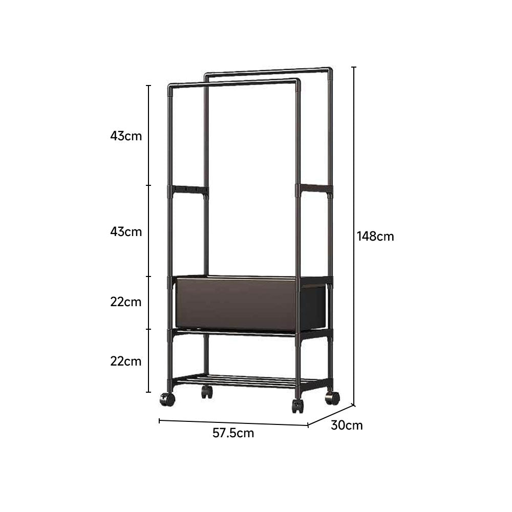 Garden Sanctuary double rod metal clothes rack on wheels with sturdy frame and ample hanging space for clothing storage.